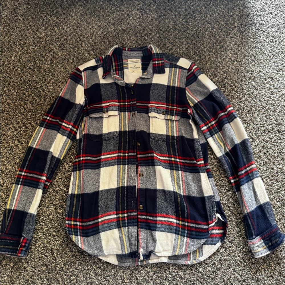 American Eagle Women’s Navy and White Plaid Flannel Shirt - Classic Button-Up